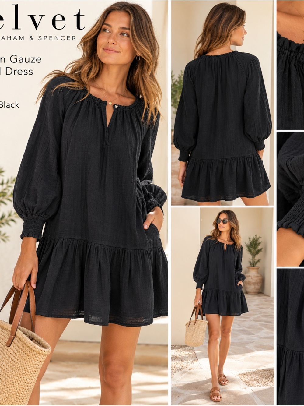 NWT Velvet by Graham Spencer Black Gauze Tiered Puff Sleeve Dress M